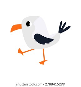 Cute seagull character with orange beak and legs. Simple ocean bird mascot isolated on white. Perfect for children's design. Flat vector illustration.