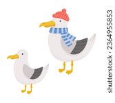 Cute seagull character with sailor red hat and scarf isolated on white. Vector cartoon nautical illustration for kids and childish card