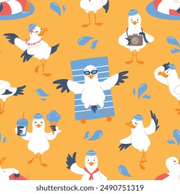 Cute seagull character seamless pattern. Nautical happy bird in different actions and poses, travel agency funny mascot. Decor textile, wrapping, wallpaper. Print for fabric, vector background