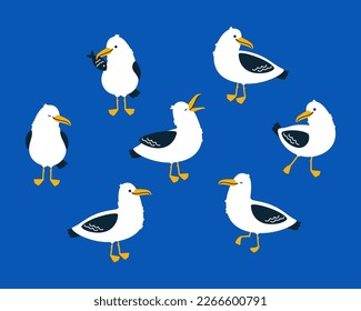 Cute seagull characters set. Isolated on a blue background. Cartoon hand drawn vector illustration.