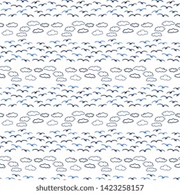 Cute seagull in the clouds stripe silhouette cartoon seamless vector pattern. Hand drawn ocean life tile. All over print for birdwatching blog, nautical graphic, feather home decor.