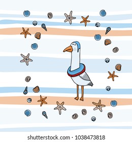 Cute Seagull in a flat style. Vector sea bird illustration.  For children. Notebooks, cards, labels, diaries, accessories-school, stickers, t-shirts, banners, tags 