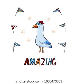 Cute Seagull in a flat style. Vector sea bird illustration.  For children. Notebooks, cards, labels, diaries, accessories-school, stickers, t-shirts, banners, tags 