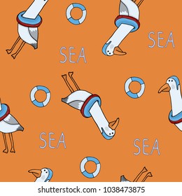 Cute Seagull in a flat style. Vector sea bird illustration.  For children. Notebooks, cards, labels, diaries, accessories-school, stickers, t-shirts, banners, tags 