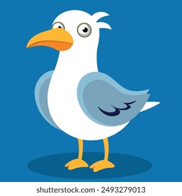 Cute Seagull in a Flat style. Vector sea bird with wings Isolated. Cartoon character can be used for print like a poster, kids apparel print, graphic print design.