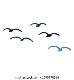 Cute seagull flock silhouette cartoon vector illustration motif set. Hand drawn isolated ocean life elements clipart for birdwatching blog, avian graphic, world sea bird buttons.
