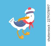 Cute seagull in form of sailor. Isolated funny character on white background. Vector illustration for design.