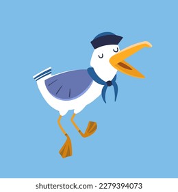 Cute seagull in form of sailor. Isolated funny character on blue background. Vector illustration for design.