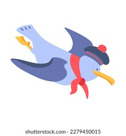 Cute seagull in form of sailor. Isolated funny character on white background. Vector illustration for design.