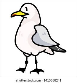 Cute seagull from the front cartoon vector illustration motif set. Hand drawn isolated seaside wildlife elements clipart for nautical birdwatching blog, bird graphic, feather web buttons.