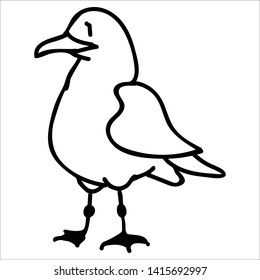 Cute seagull from the front monochrome lineart cartoon vector illustration motif set. Hand drawn isolated seaside wildlife elements clipart for nautical birdwatching blog, bird graphic, feather.