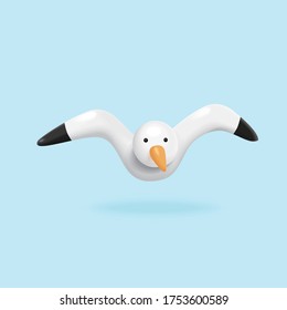 Cute seagull in front view, isolated on light blue background, 3d illustration