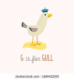 Cute seagull. G is for gull. ABC Kids Wall Art. Alphabet Card. Nursery alphabet poster. Playroom decor. Cartoon hand drawn vector eps 10 illustration isolated on white background in a flat style.