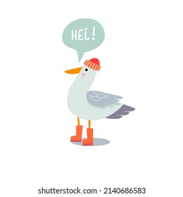 Cute seagull with in a hat and rubber boots. Bubble inscription - "hello" - Norwegian.