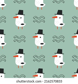 Cute seagull in hat and sea waves. Hand drawn vector seamless pattern. Cartoon background of a funny bird for kid's textile, clothes, room design, wrapping paper, wallpaper.