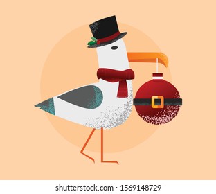 Cute Seagull holding Christmas bauble 