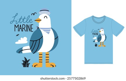 Cute seagull marine illustration with tshirt design premium vector vector the Concept of Isolated Technology. Flat Cartoon Style Suitable for Landing Web Pages,T shirt, Flyers, Stickers