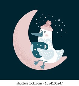 Cute seagull on the moon with cup of tea coffee. Enjoy. Breakfast time. Cartoon character illustration for kids game, book, t-shirt, card, print, poster and decoration. Vector clipart
