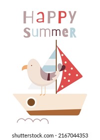 Cute Seagull on Sail Boat Summer Poster. Vector Illustration. Kids cartoon illustration for baby clothes, greeting card, wrapper, beach party. Text Happy Summer.