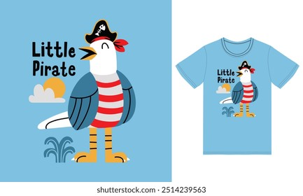 Cute seagull pirate illustration with tshirt design premium vector the Concept of Isolated Technology. Flat Cartoon Style Suitable for Landing Web Pages,T shirt, Flyers, Stickers