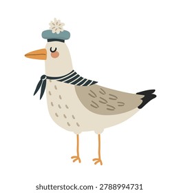 A cute seagull in a sailor hat and scarf. A cartoon bird character with a nautical theme. Hand-drawn for a child's room.