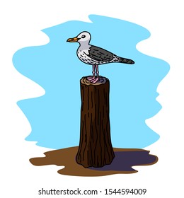 Cute seagull sit on log vector illustration