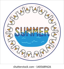 Cute seagull summer template badge  cartoon vector illustration motif set. Hand drawn isolated bird watching, ocean elements clipart for ocean blog.