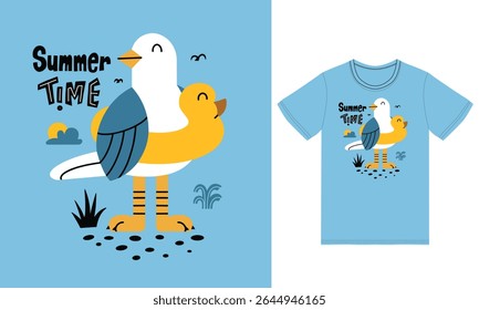 Cute seagull summer time illustration with tshirt design premium vector the Concept of Isolated Technology. Flat Cartoon Style Suitable for Landing Web Pages,T shirt, Flyers, Stickers