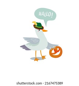 A Cute Seagull Wearing A Traditional German Hat And Holding A Pretzel. Bubble Inscription - 