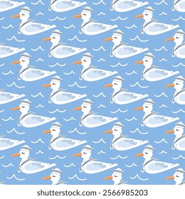 Cute seagull in a white sailor cap and collar swims on the sea, seamless pattern. Childrens character. Adventures and travel, fleet. For wallpaper, textile, wrapping, background