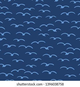 Cute seagulls flying in summer sky. Marine animal bird seamless vector background. Hand drawn sealife tile. All over print kids textiles. maritime fashion all over prints, classy nautical home decor.