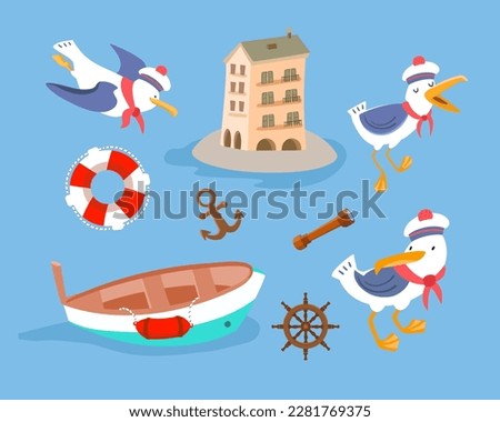 Cute seagulls in form of sailor. Sea objects and building. Isolated funny characters birds, set, collection on blue background. Vector illustration for design.
