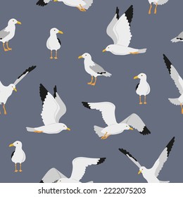 Cute seagulls pattern. Seamless marine vector illustration with flying birds.