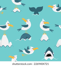 Cute seagulls, whale and shark pattern - funny vector drawing seamless marine pattern. Creative nautical blue background. Vector illustration