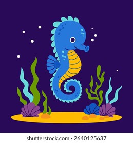 Cute Seahorse with algae and coral on seabed on blue background. Vector illustration in a flat style. Kids collection