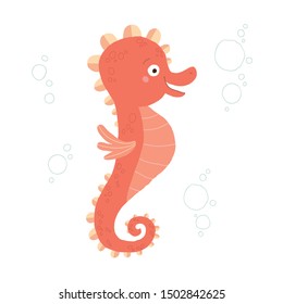 Cute seahorse. Cartoon vector hand drawn eps 10 illustration isolated on dark background in a flat style.