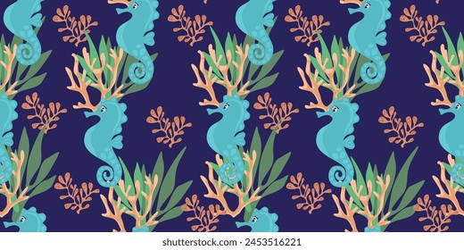 Cute seahorse character with coral and algae in cartoon style. Vector marine seamless pattern for children. Flat style illustration for printing on fabric covers, children's party decorations.