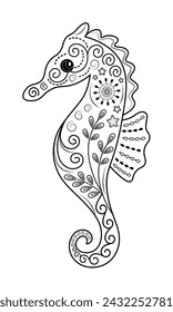 Cute seahorse with decorative linear patterns. Black and white vector illustration. Design for card, poster, stickers, tattoo, scrapbook, decoration element.