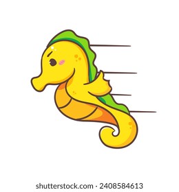 Cute seahorse fast swimming cartoon character. Kawaii adorable animal concept design. Isolated white background. Hand drawn vector illustration.