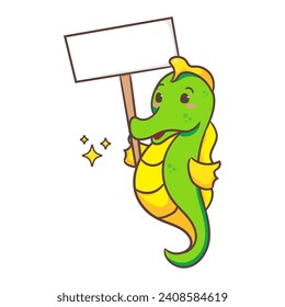 Cute seahorse holding empty board cartoon character. Kawaii adorable animal concept design. Isolated white background. Hand drawn vector illustration.