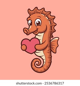Cute Seahorse Holding Love Heart Cartoon Vector Icon Illustration