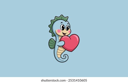 Cute seahorse holding a red heart, smiling joyfully.