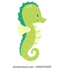 Cute seahorse isolated on white background. Simple underwater sea horse. Childish colored flat cartoon vector illustration of funny submarine creature