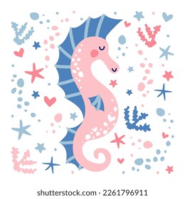 Cute seahorse isolated with starfish and corals. Delicate picture for print on clothes