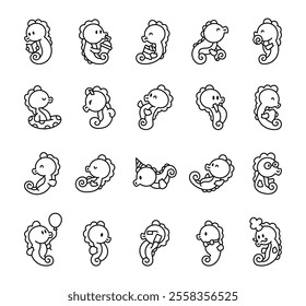 Cute seahorse kawaii cartoon character set featuring adorable marine animals with various activities expressions items underwater for creative joyful cheerful fun designs