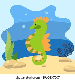 
Cute seahorse on the background of the seascape. Isolated vector illustration in the seabed. Design concept with marine mammal. Cartoon style