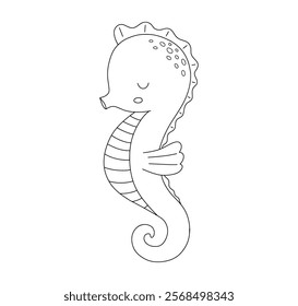 Cute seahorse, outline cartoon sea animal for children. Vector line nautical illustration for coloring book