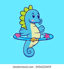 Cute Seahorse Playing Hula Hoop Ocean Cartoon Vector Icon Illustration. Animal Sport Icon Concept Isolated Premium Vector. Flat Cartoon Style