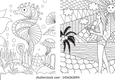 cute seahorse and pretty woman walking on the beach, hot summer concept collection for printing on stuffs, adult coloring book, coloring page. Vector illustration