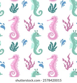 Cute seahorse seamless pattern. Cartoon illustration for kids. Water animal, seaweed, wildlife. Vector isolated on white background